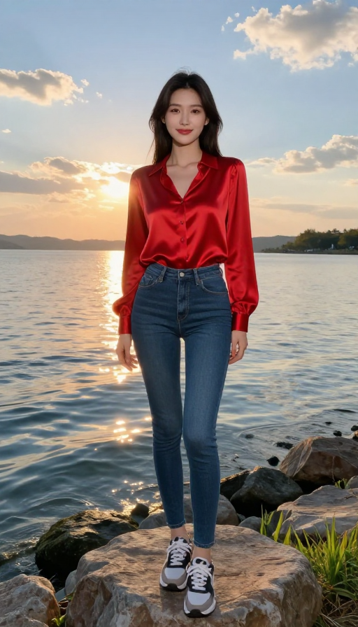 夕阳湖畔的优雅少女：波光粼粼湖水中的自然美