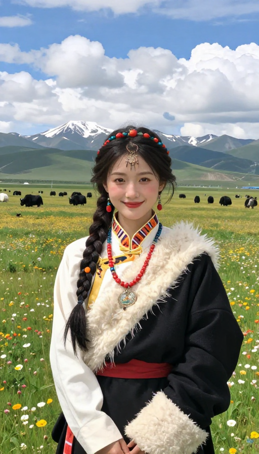 卓玛草原风情：藏族少女与雪山绽放的唯美瞬间
