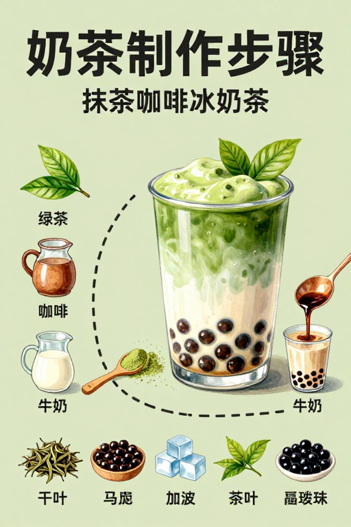 清新水彩风奶茶制作步骤图解海报