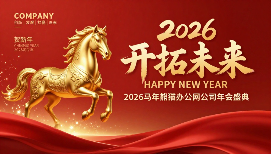 鎏金骏马奔腾跃动，2026新年企业庆典海报