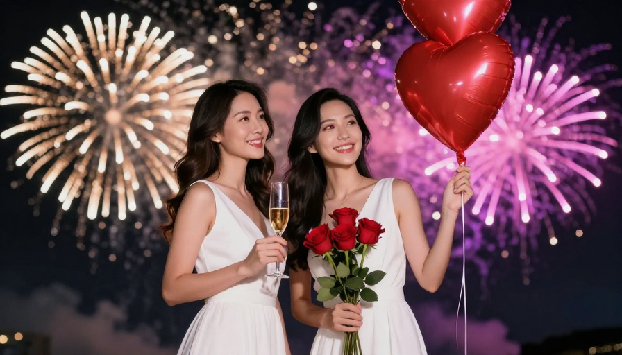 浪漫庆典：两位女性在烟花夜空下的优雅合影