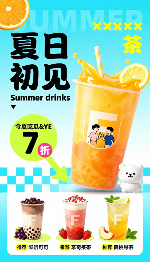 夏日初见：高饱和活力饮品促销海报