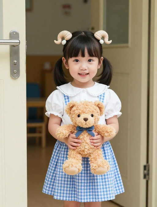 幼儿园门口的快乐萌娃：纯真笑容与羊角辫的可爱瞬间