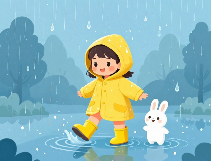 治愈系扁平插画:雨天童趣女孩与兔子的温暖时光