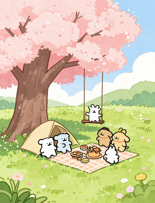 樱花树下温馨露营:水彩兔家族野餐