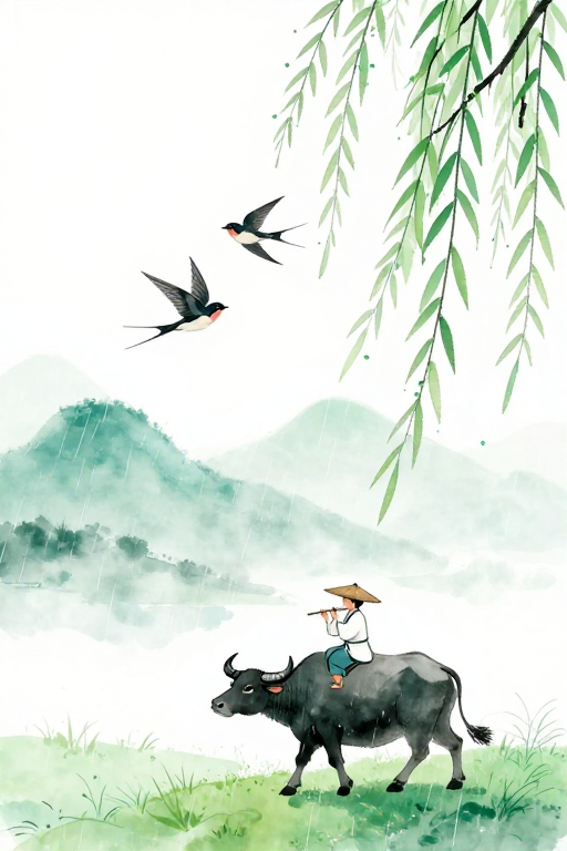 青绿烟雨牧归：水墨淡彩田园诗意插画