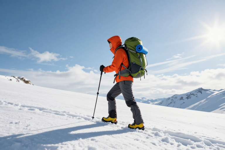 橙衣登山者征服雪山之巅