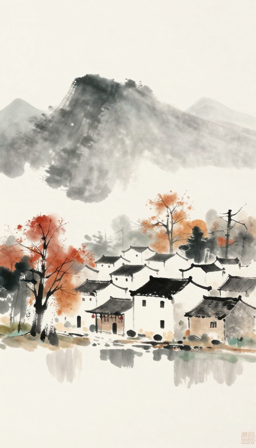 中国秋日水墨：留白中的宁静村庄