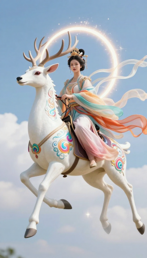 七彩神鹿载古风仙女,蓝天白云下飞驰的梦幻写实场景
