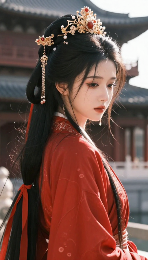红衣古装少女回眸凝望，悲伤神情唯美古风动漫