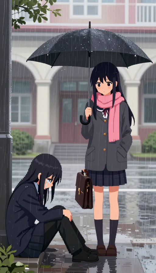 雨日校园像素插画:撑伞女孩与哭泣男孩的温柔瞬间