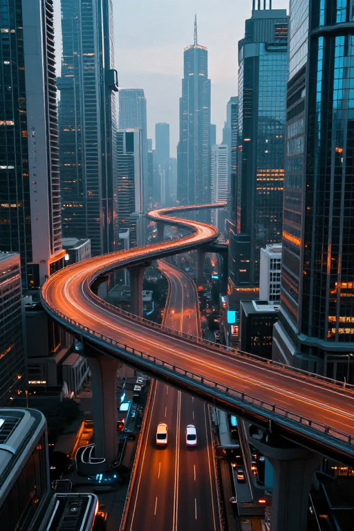 赛博朋克未来都市：悬空公路与摩天楼群的超现实夜景