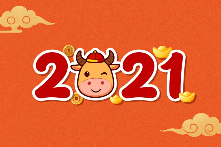 2021牛年吉祥物:红色立体数字与金色祥云融合
