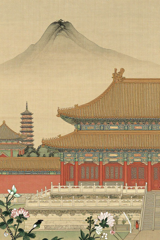 汉宫工笔光影：细腻花鸟与古塔山景
