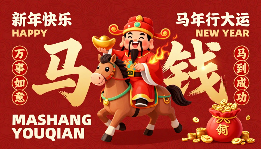 喜庆马到钱：传统新年中国风插画海报