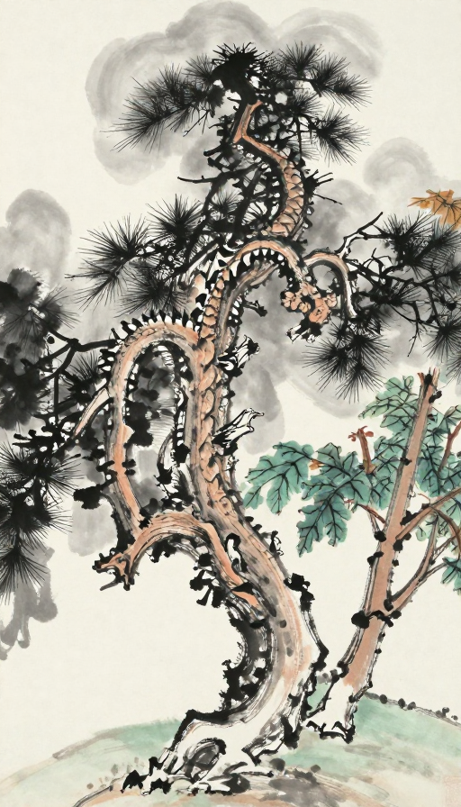 千年古松苍劲如龙,宋元水墨意境深远
