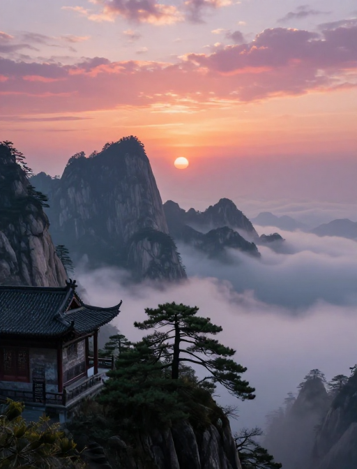 晨光破晓:水墨山水间的日出与古建