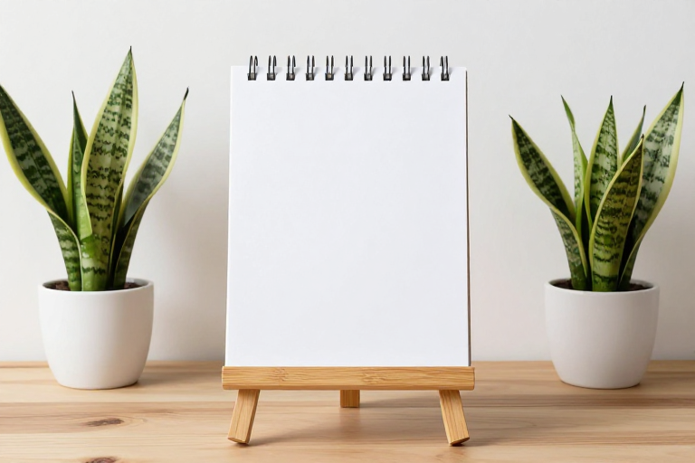 简约美学：空白素描本与绿植的静物摄影