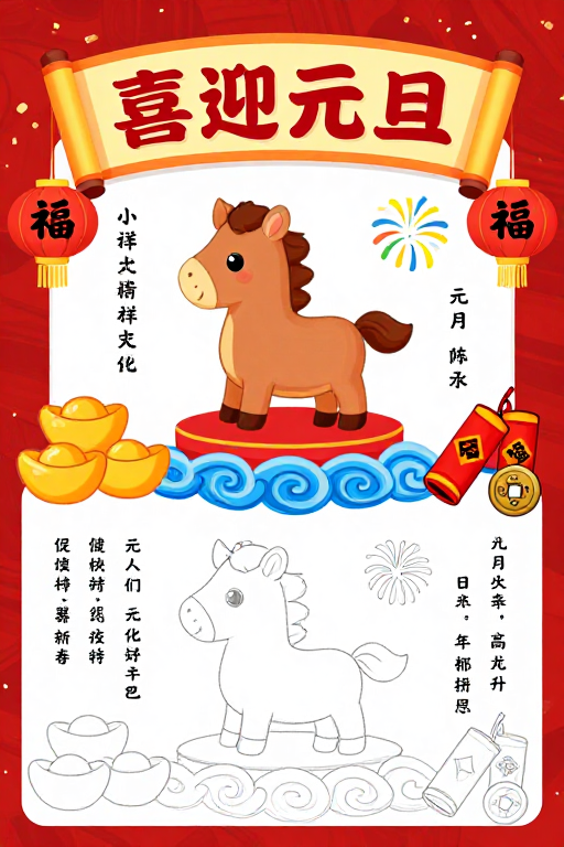 喜迎元旦手绘贺卡 童趣与年味融合