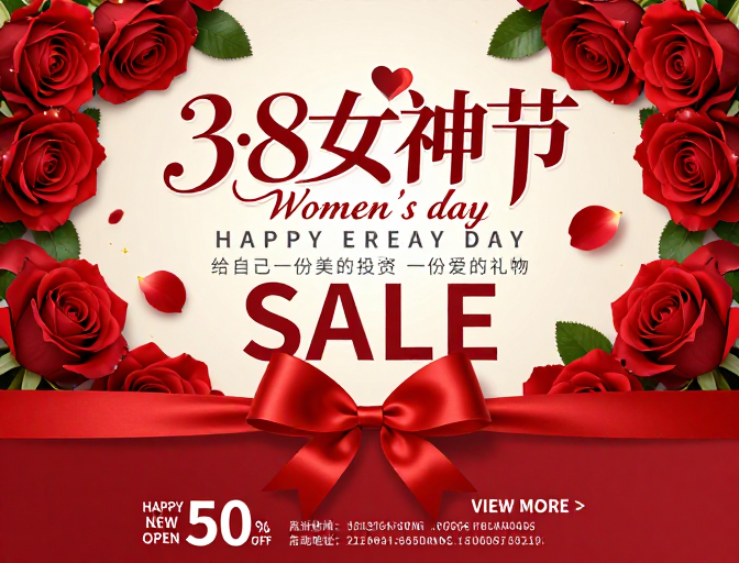 妇女节双版促销海报：浪漫玫瑰与艺术字体设计