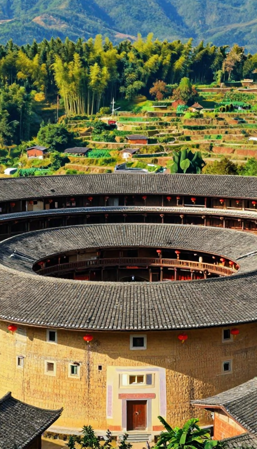 客家土楼油画风全景：岁月痕迹与光影交织