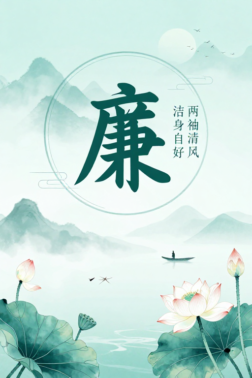 青绿水墨‘廉’字海报,传递清廉自守意境