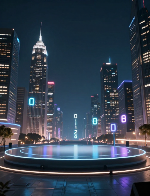 赛博朋克未来都市夜景:数字符号环绕的圆形舞台