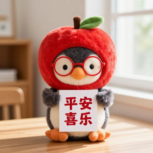 毛绒企鹅戴红帽持福卡,暖光柔焦尽显温馨