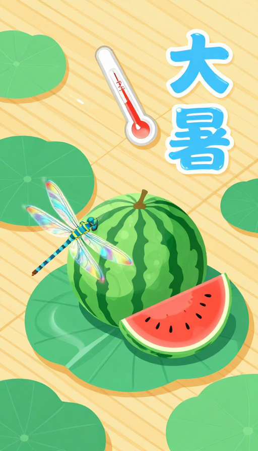清凉大暑·夏日插画：冰透西瓜与碧荷绿彩