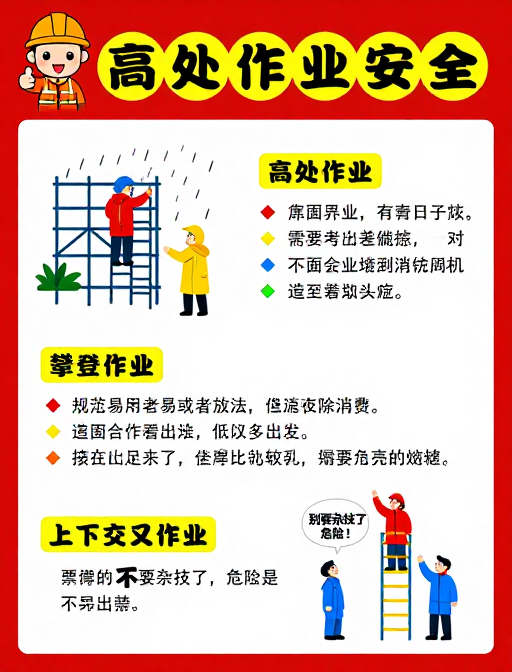 高处作业安全规范：扁平化卡通插画警示图