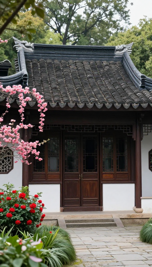 中式古建实景：黑瓦白墙与红花绿树的静谧庭院