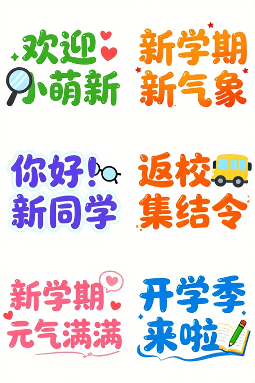 糖果色系手绘开学文字设计,清新童趣校园宣传图