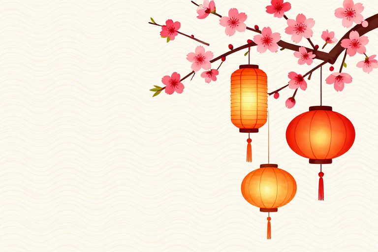 东方雅韵：樱花灯笼节庆插画