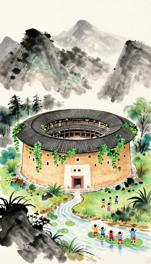 水墨童趣：客家土楼微景观插画