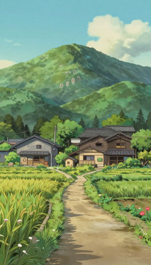 宫崎骏风朝霞山景:稻田小屋与野花小径