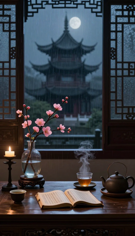 雨夜古塔下的静谧茶室