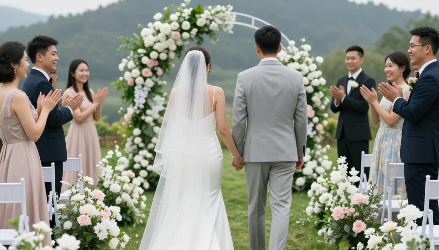 温馨婚礼:亚洲新人携手走向浪漫花拱门