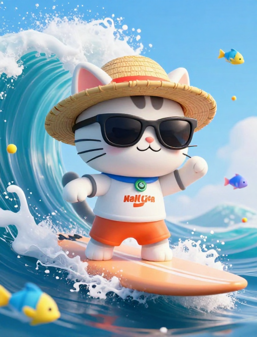 嘻哈拟人冲浪猫：3D动态海浪场景