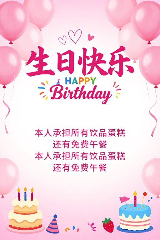梦幻粉色生日派对海报，温馨欢乐庆祝时刻