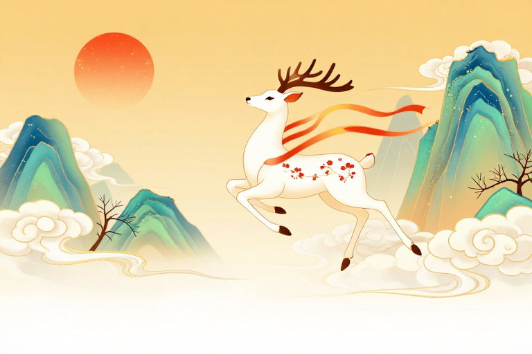 中国风白鹿跃云端：暖金渐变意境插画