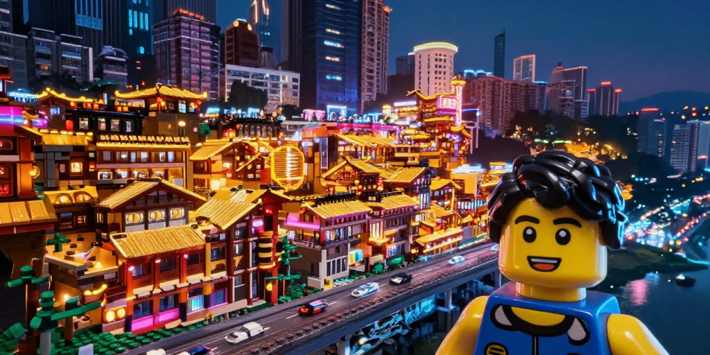乐高微缩洪崖洞：霓虹光影下的未来夜景
