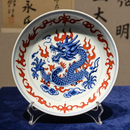 青花釉里红龙纹瓷盘：非遗工艺与光影艺术的完美融合