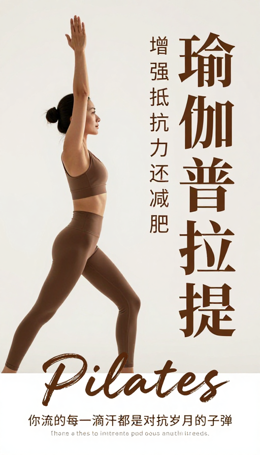 极简健身海报:暖棕色调下的优雅普拉提