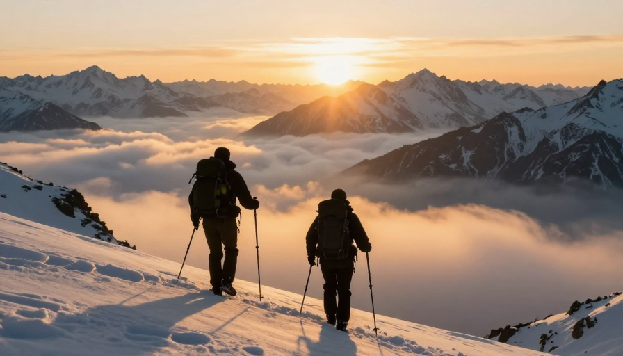 日出雪坡逆光登山者剪影，自然与勇气的壮丽象征