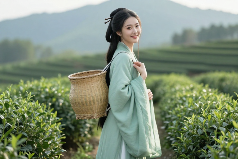青衫茶韵：汉服女子茶园回眸