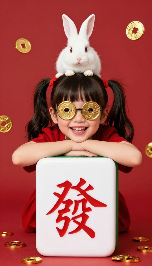 财神双马尾萌兔趴麻将牌福运满满