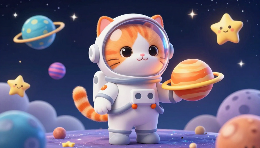 梦幻太空:卡通宇航员猫咪探索多彩星球