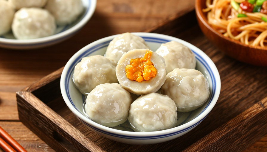 精致鱼丸蟹黄盛宴:温暖木盘上的美味艺术
