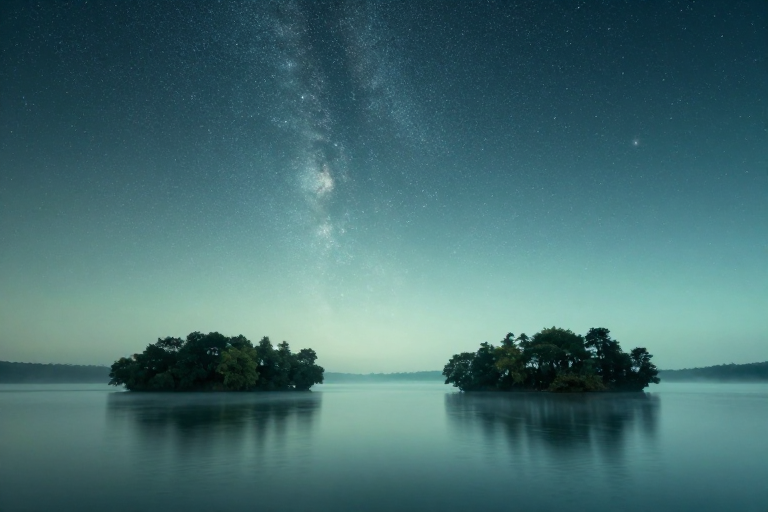静谧湖光与星河交辉映照的梦幻夜景