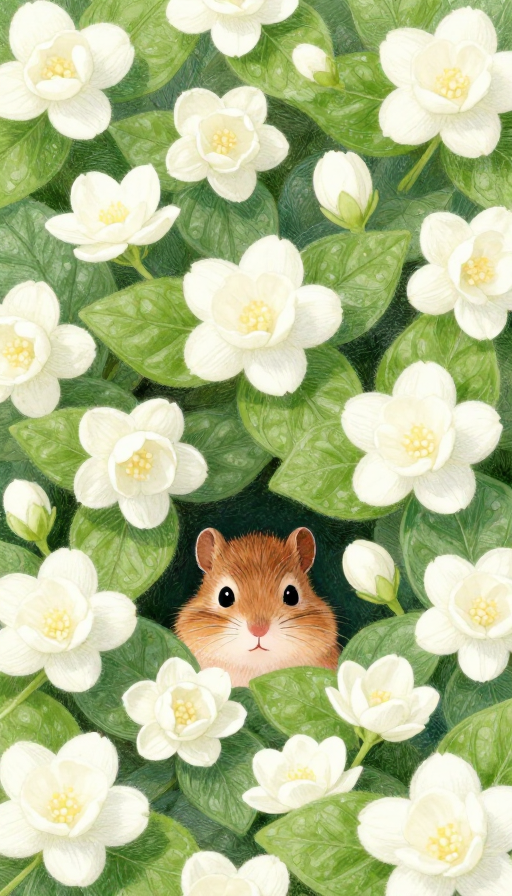 治愈茉莉花与花栗鼠彩铅插画